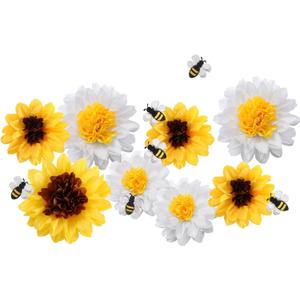 14 Pcs Sunflower Daisy Tissue Paper Pom Poms Flower Bee Cutout Decorations Yellow Brown White 12" 8" for Bee Day Party Birthday Bridal Wedding Classroom Craft Bulletin Board(Yellow,White)