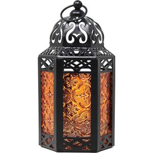 VELA LANTERNS 8.5" Small Black Metal Decorative Moroccan Lantern Candle Holder Lamp for Halloween - Indoor/Outdoor, Home Decor, Patio, Weddings, Ramadan Decor, Amber