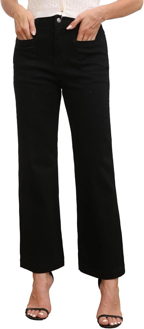 Myzellia Women’s Wide Leg Petite Jeans High Waisted Stretchy Cropped Flare Jeans with Patch Pockets Black Small
