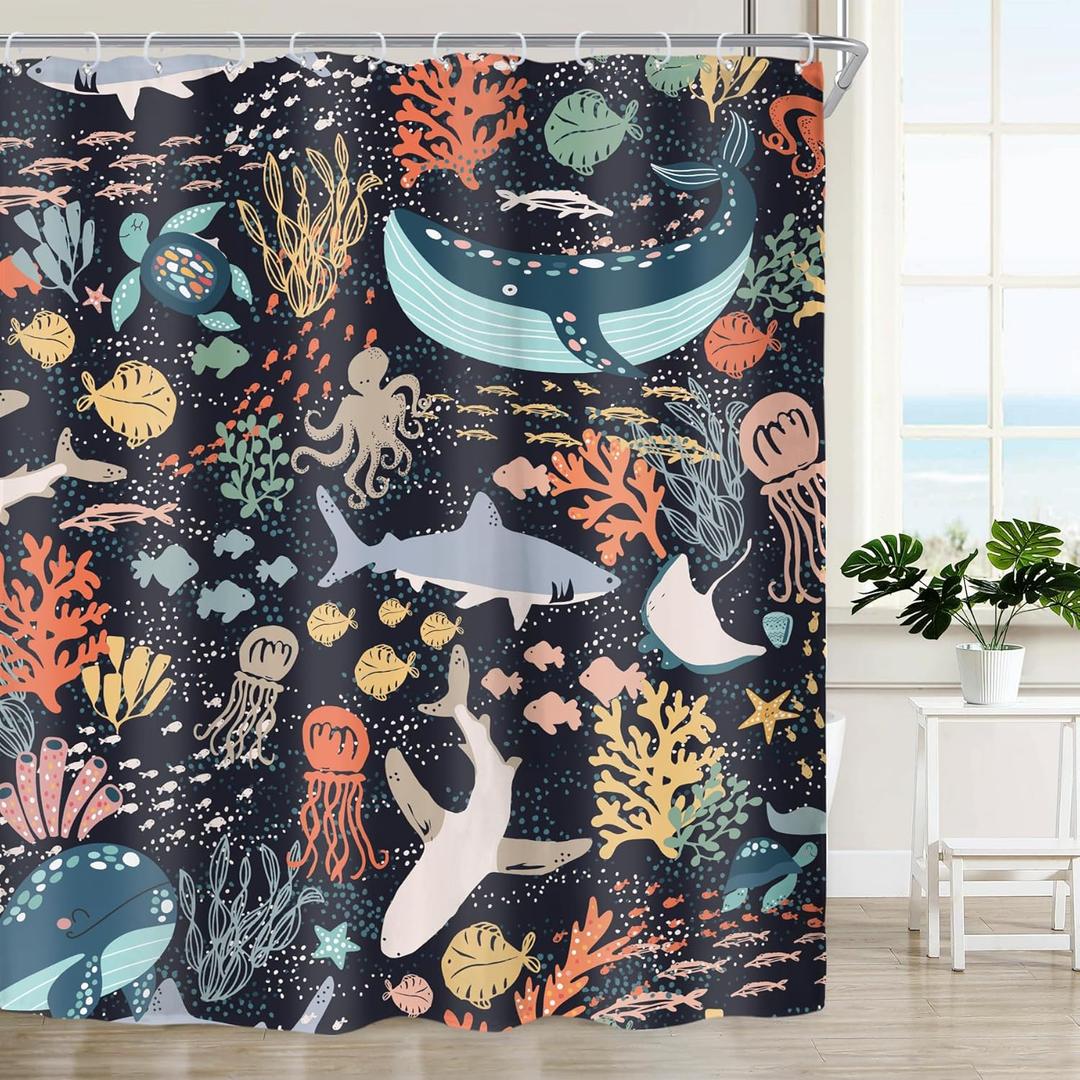 Riyidecor Kids Sea Animal Shower Curtain for Bathroom Decor 72Wx72H Funny Shark Fish Cartoon Fun Underwater Blue Ocean Turtle Whale Nature Art Printed Fabric Polyester Waterproof 12 Pack Plastic Hooks