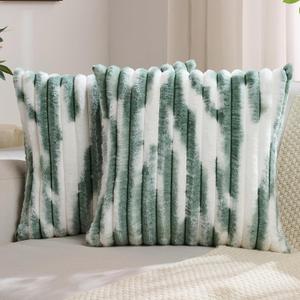 FUTEI Pack of 2 Faux Fur Throw Pillow Covers 22x22 Inch, Dark Green White