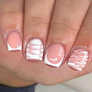 White French Tip Short Press on Nails Square Fake Nails Acrylic Glue on Nails with Leopard Print Designs Nails Press ons for Women 24 Pcs