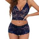Lilosy Sexy Sheer Floral Lace Pajamas Lingerie Set High Waist Sleepwear Bra and Panty 2 Piece Nightwear (Small, Navy Blue)