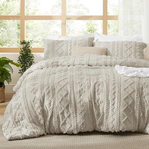Bedsure Tufted Boho Comforter Set Queen Size - Linen Boho Bed Set, GentleSoft 3 Pieces Farmhouse Shabby Chic Embroidery Bedding, Gifts for Woman, Soft Jacquard Queen Comforter for All Seasons (08 - Linen - Elegant)