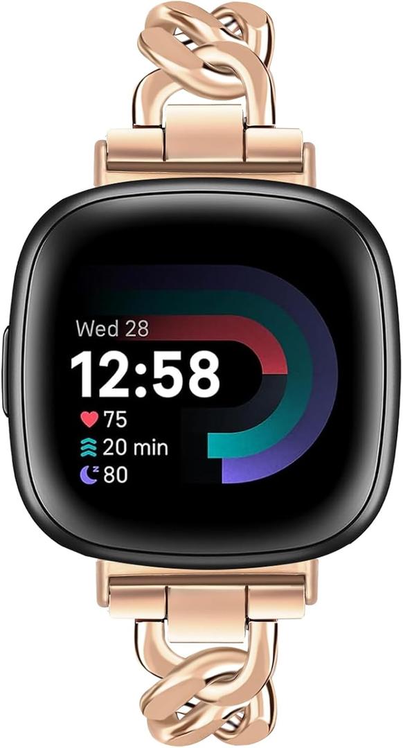 JR.DM Gold Watch Bands for Women Compatible with Fitbit Versa 4/Versa 3/Fitbit Sense 2/Sense Band Adjustable Metal Strap Cowboy Steel Chain Bracelet (A7 Rose Gold)