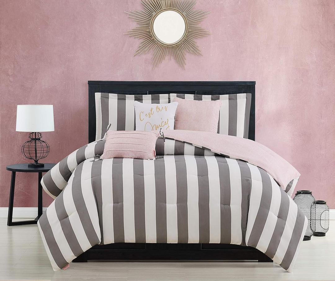 Juicy Couture Cabana Stripe Reversible Bedding Set - King Size - Grey and White Stripe Print  6 Piece Set  Includes 1 104" x 90" Comforter, 3 Decorative Pillows, 2 Shams