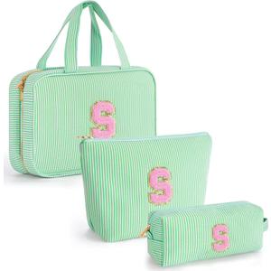 Cute Toiletry Bag Makeup Bag for Women & Girls - Cosmetic Bag | Initial Make Up Bag | Personalized Gift for Women/Her | Bridal Shower & Mother's Day Gift - Green S
