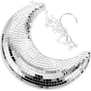 Cabilock Silver Mirror Disco Ball Moon Ornament, Retro Reflective Glass Hanging Decoration, Moon Wall Pendant Photo Props Home Decor for Bar, Party, Wedding, Dance, Events