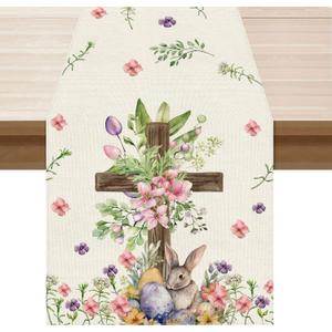 XCHI Watercolor Bunny Cross Colorful Eggs Flowers Leaves Rabbits Easter Table Runner Table Decoration for Party Home Kitchen Dining Holiday Decor 13x36 Inch