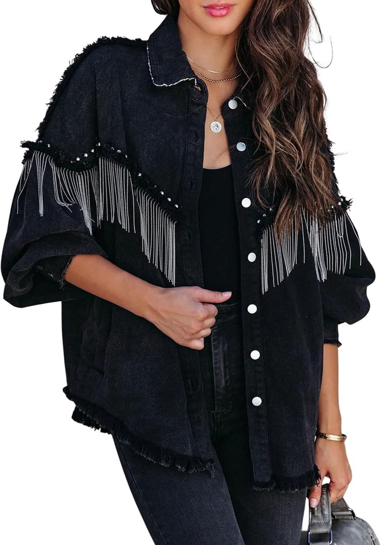 Daacee Oversized Fringe Denim Jacket for Women Frayed Sparkly Tassel Jean Shacket Cowgirl Western Country Concert Outfits (Small, Black)