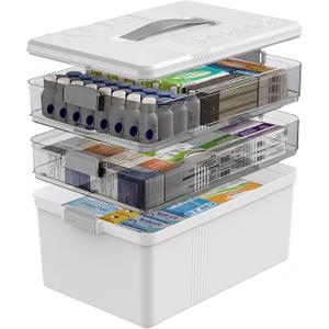 3 Tier Medicine Cabinet Organizer Large Capacity Medicine Box with Handle, Plastic First Aid Box Empty Multipurpose Medical Supply Organizer with Removable Tray, White