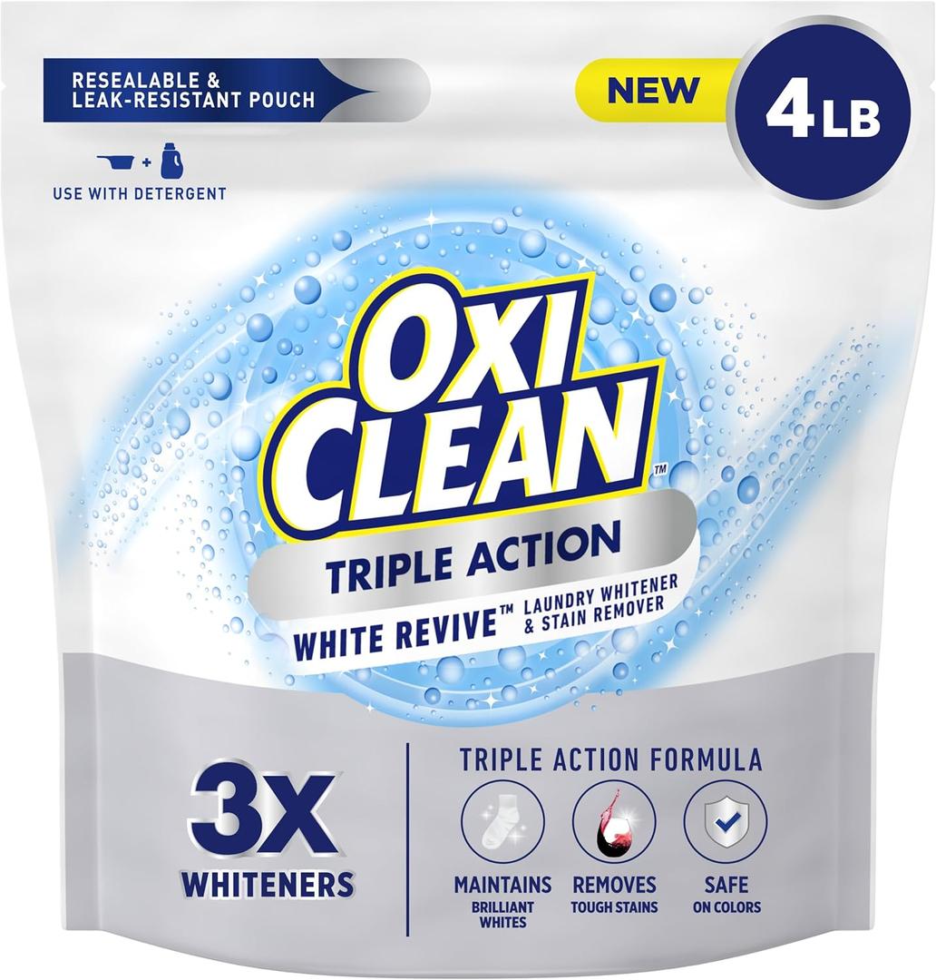 OxiClean Triple Action White Revive Laundry Whitener and Stain Remover Powder, Use with Detergent, Whitens and Brightens Clothes, Removes Tough Stains, Color Safe, Chlorine Free, 4 lbs (64 Ounce (Pack of 1))
