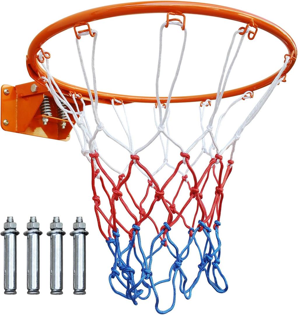 18" Basketball Rim Replacement, Wall Door Mounted Basketball Rim, Double Spring Solid Basketball Rim Replacement with Net Fits In-Ground & Wall-Mounted Basketball Hoops, Indoor/Outdoor