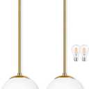 Bagood 8" Globe Pendant Light Gold 2 Pack Mid Century Pendant Light Globe Pendant Lights Kitchen Island Brushed Brass Finished with Milk Glass Adjustable Ceiling Light Fixtures for Dining Room Bar