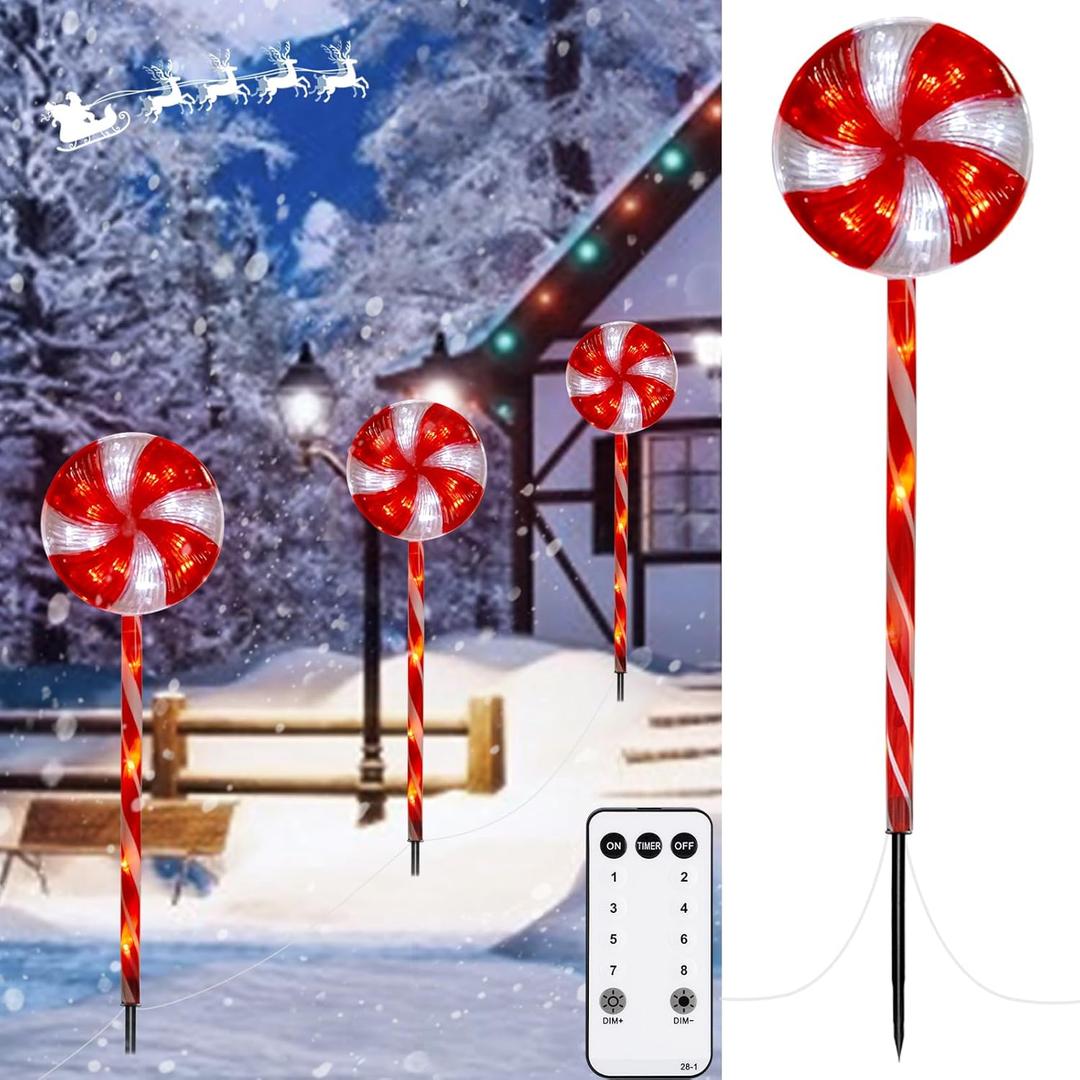 Lollipop Christmas Pathway Lights Outdoor - 3 Pack 29 inches 60 LED Lighted Candy Cane Decorations with 8 Lighting Modes Waterproof String Lights Plugin for Holiday Lawn Yard Patio Walkway Markers (Red & White)