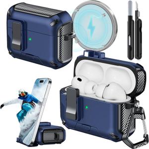 for AirPods Pro 3 Case (2025) with Phone Stand,with Automatic Snap Switch Carbon Fiber Design Protection Cover for Airpods Pro 3 Gen with Cleaning Pen,Blue