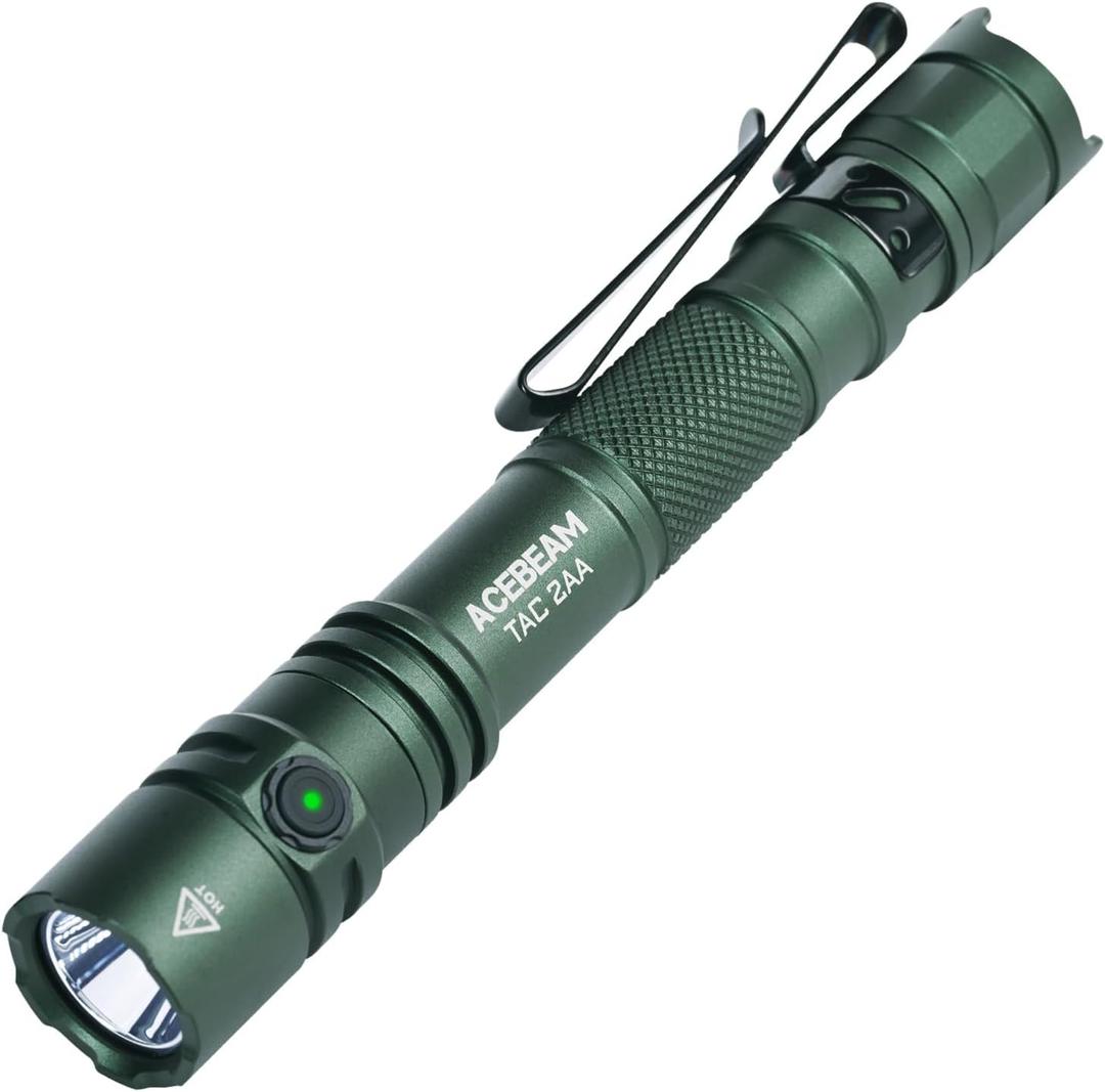 ACEBEAM TAC 2AA EDC Tactical Dual Modes Flashlight Rechargeable, 1600 High Lumens Flashlight, Dual Switch Pocket LED Flashlight, Super Bright Small Flash Light for Emergency, Camping, Home (OD Green 6500K-1600 Lumens 181 Meters)