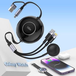 Retractable 100W Samsung Galaxy Watch Charger Fast Charge Cable - Multi 3-in-2 USB C/A to Lightning+USB C for Watch 6/5/4/3/2/Pro/Active, iPhone 15/14/13/12, S24/23/S22