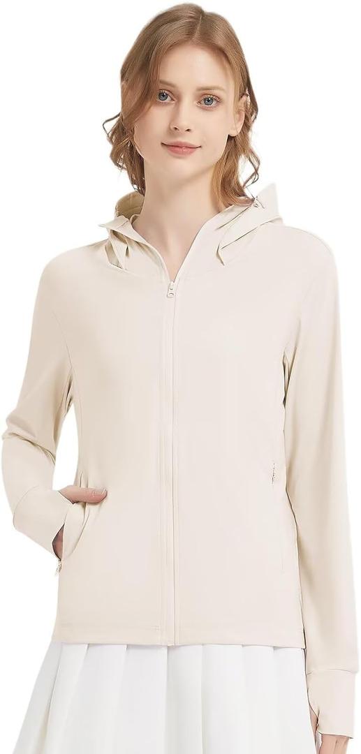 Women's UPF 50+ Sun Protection Jacket Lightweight UV Cooling Hoodie Long Sleeve Summer Clothing for Outdoor Hiking (Beige) S