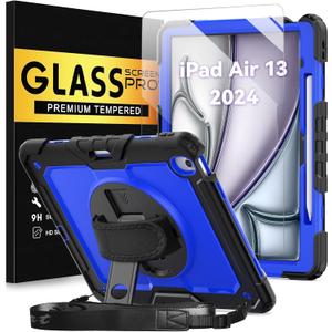 BLOSOMEET Protective Case for iPad Air 13 Inch Case M3 2025 & M2 2024 with Tempered Glass Screen Protector & Pencil Holder,Rugged Cover for iPad Air M2 with Stand Hand Shoulder Strap (Blue)