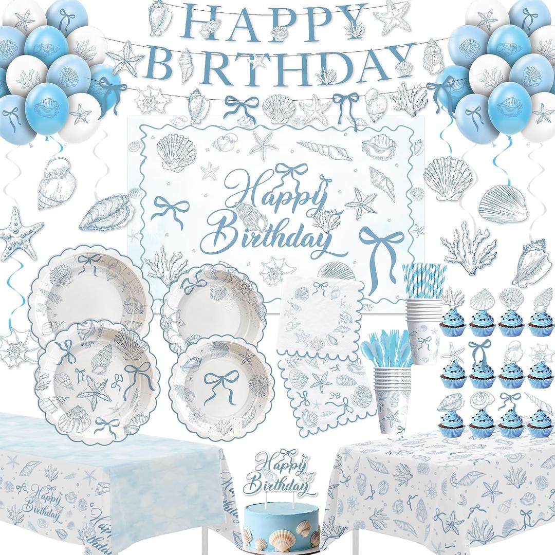 Seashell Party Decorations for Summer Beach Birthday Turned Pretty, Blue Bow Seashell Birthday Party Supplies, Plate, Cup, Napkin, Banner, Tablecloth, Topper, Swirl, Backdrop, Cutlery, Serve 24