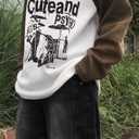 Women Oversized Graphic Shirt Ribbed Patchwork Long Sleeve Y2k Tops Teen Girls Baggy Grunge Clothes (Black, L)