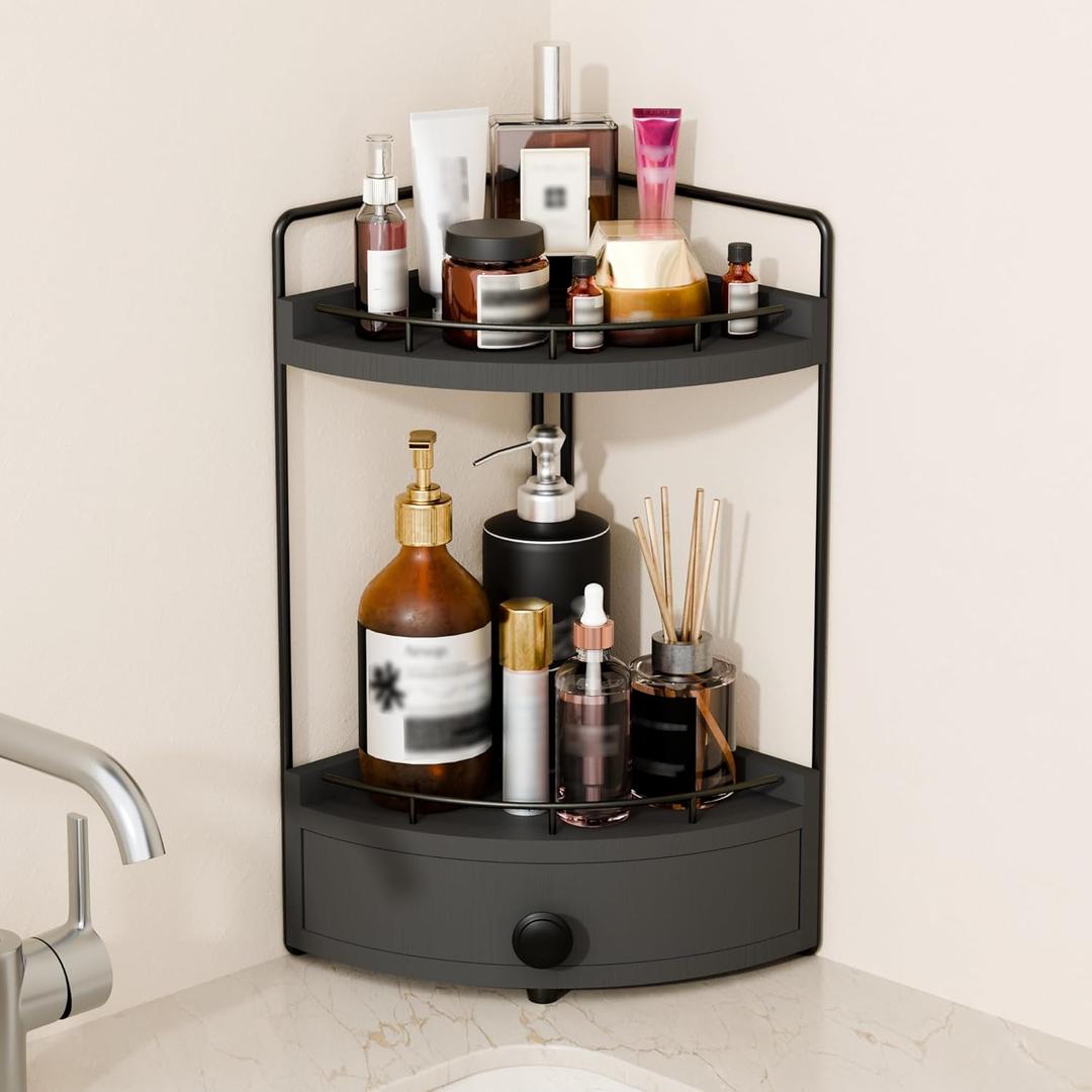 2-Tier Corner Bathroom Countertop Organizer with Drawer, Wooden Vanity Organizers for Makeup and Skincare Storage, Corner Counter Shelf with Embedded Screw Holes, Black