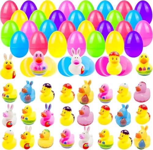 24 Pcs Prefilled Easter Eggs with Bunny Duckies,Bright Colorful Easter Eggs Prefilled with Variety Duckies for Fun Bath Bunny Duckies, Easter Basket Stuffers and Bathtub Toys Party Favors