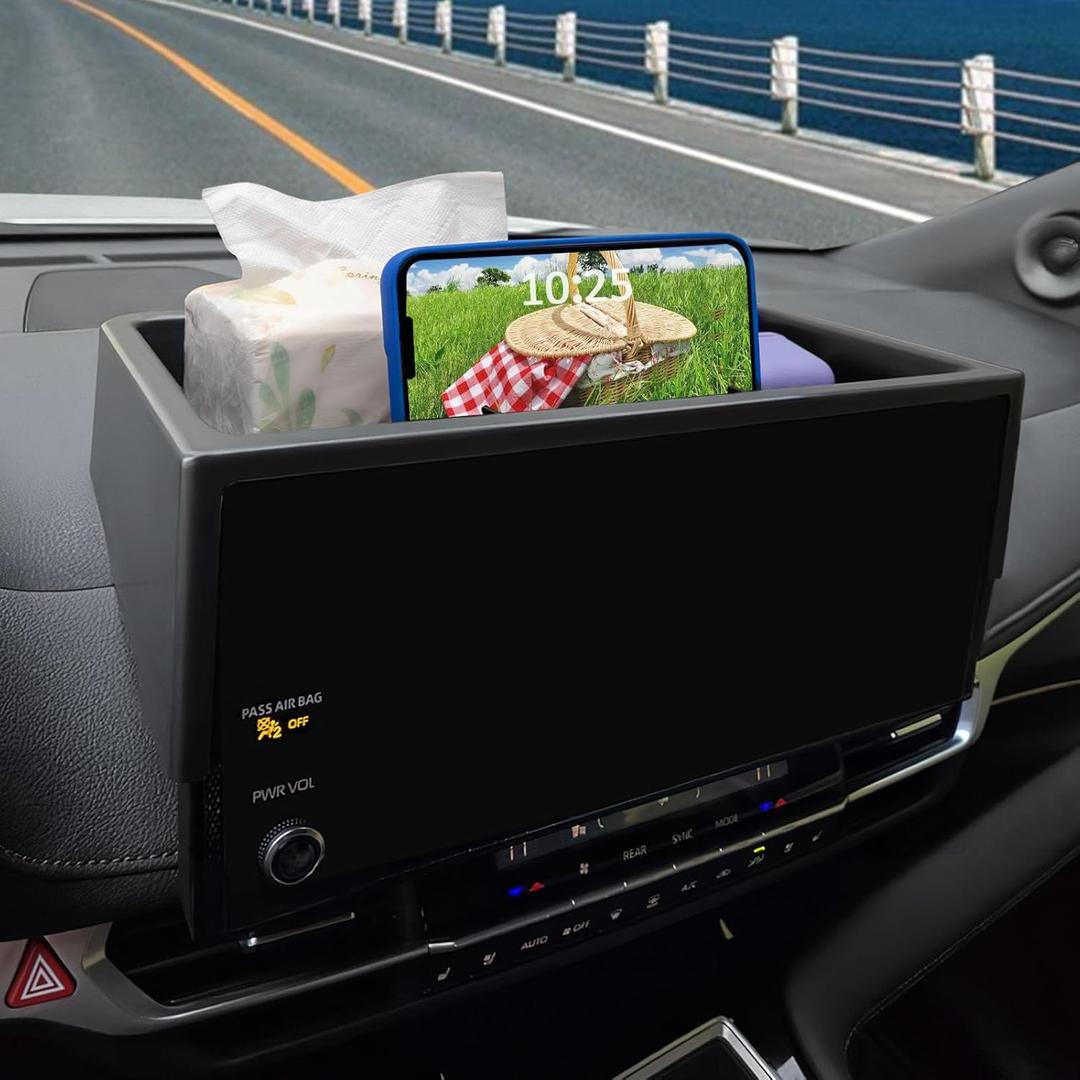 TOPINSTALL 2025 New Dash Tray Phone Holder Compatible with 2025 2026 Toyota Sienna 12.3" Screen, Dashboard Hidden Screen Storage Organizer Tissue Sunglasses Holder(Not for LE Trim with 8" Screen)