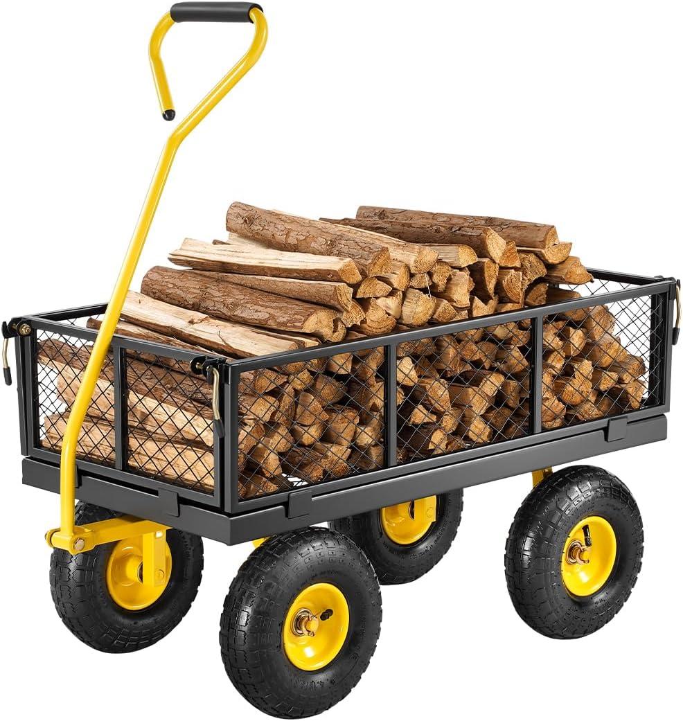 VEVOR 500 Lbs Steel Garden Cart, Heavy Duty Garden Wagon Cart Pullable on Wheels, Metal Yard Utility Wagon Carts with 10" All Terrain Tires, Mesh Removable Sides and 180Rotating Handle