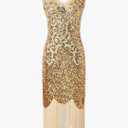 1920S Vintage Party Dress Women V-Neck Sleeveless Beaded Sequin Tassel Dance Mini Dress. XL