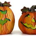 Hodao Halloween Pumpkin Decorations Set of 2, Hand-Painted Resin Jack-O-Lantern Figurines for Indoor Fall Decor, Tabletop Ornaments, for Creating Festive Atmosphere