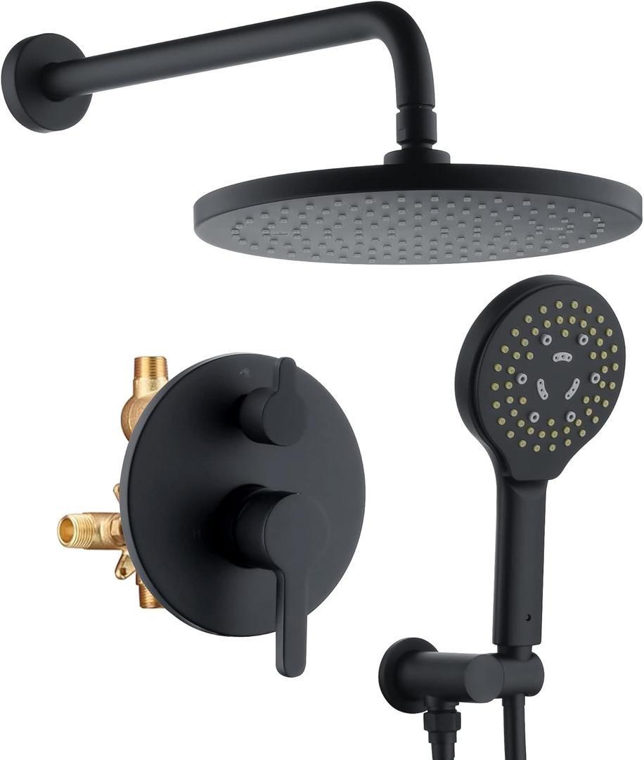 Matte Black Shower Faucet Set, Wall Mount Rain Shower System 10 Inches, and Handheld Shower Head Combination, Included Rough-in Valve and Trim Kit