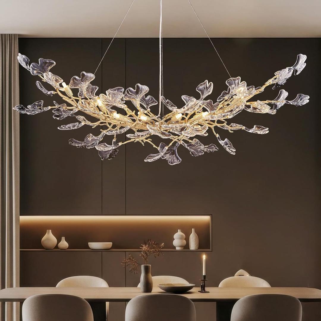 Modern Crystal Chandeliers for Dining Room - L55 inch Gold Tree Branches Ginkgo Leaf Chandelier for Living Room Kitchen Island, Rectangular High Ceiling Hanging Pendant Light Fixture