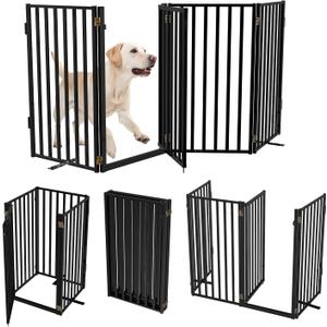 Full Metal Freestanding Dog Gates with Door, 32" Height Dog Fences for Indoor & Outdoor, Extra Wide Foldable Pet Gates for Stairs, Hallways, Doorways, Yard (4 Panels, 80" W  36" H)