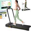 UREVO Strol 2E Smart 2-in-1 Folding Treadmill, Compact Walking Pad with Safety Handle, Plug and Play, Standing Desk Treadmill with Dual LED Display, Smart APP, Walking or Running for Home Office (Yellow)