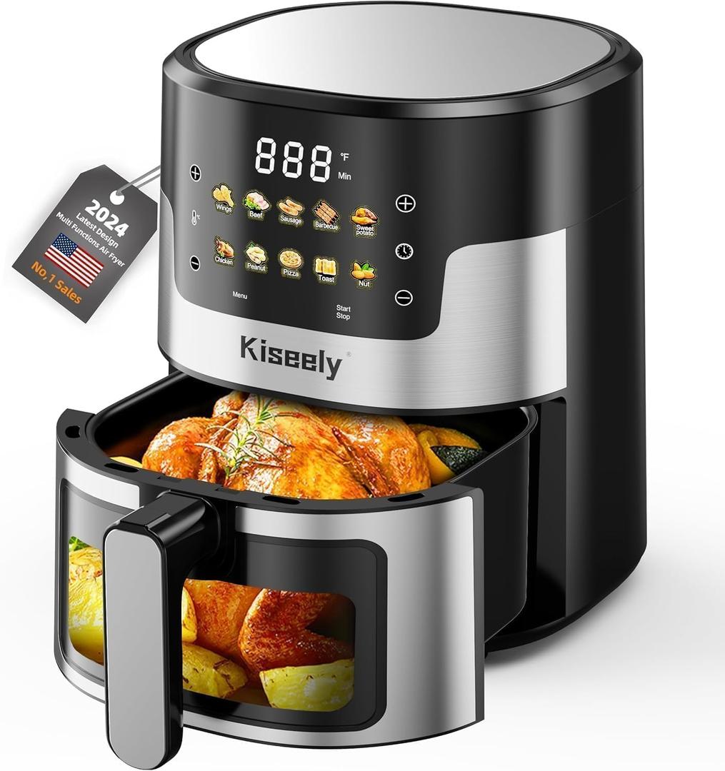 Kiseely Air Fryer, 6 QT Air Fryers with Glass Touch Screen, Clear Windows, 10-in-1 Stainless Air Fryer Oven with Auto Shut-Off Time & Temperature Control for Roast, Bake, Broil, Keep Warm (BQ1)