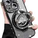 Glitter Kickstand Case for iPhone 15 Plus, Luxury Bling Sparkly Diamond Rhinestone with Camera Protector Liquid Flowing Ring Stand TPU Bumper Women Girls Case for iPhone 15 Plus 6.7" (Black)