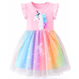 LEMONBABY Fashion Princess Girls Short Sleeve Glitter Unicorn MLP Rainbow Tulle Skirt Birthday Party Dress (6Y, LITTLE PONY PINK)