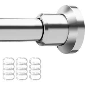 Shower Curtain Rod with 12 Hooks Rings Adjustable 31"-80", No Drill Curtain Rod Tension Shower Curtain Rod Stainless Steel Rust Proof Shower Rods for Bathroom Shower Stall, Silver