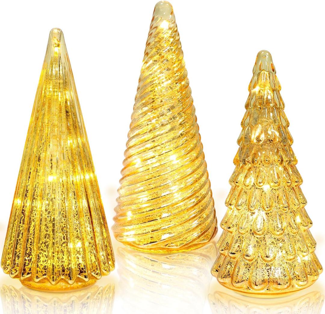 YiYa 3Pcs Gold Glass Christmas Tree Home Decor Tabletop Christmas Tree Decor Mercury Glass Xmas Trees Decorations for Fireplace Mantel Holiday Decor Indoor