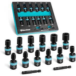 DURATECH 1/4" Drive Impact Universal Joint Socket Set, Swivel Socket Set, 14-Piece, Metric Impact Sockets (5-15 MM) with 2" Extension Bars, Cr-Mo Steel, Organized in EVA Foam Organizer