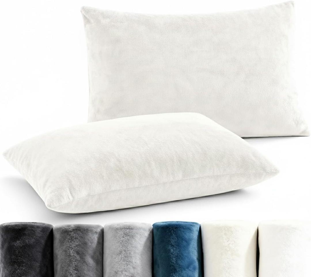 Fleece Queen Pillowcases - Set of 2 Queen Size Flannel Pillowcases - Super Soft Fleece Pillow Case Cover with Zipper for Bedroom, Sofa, Couch - Cozy Fuzzy Velvet Pillow Shams for All Seasons - Ivory