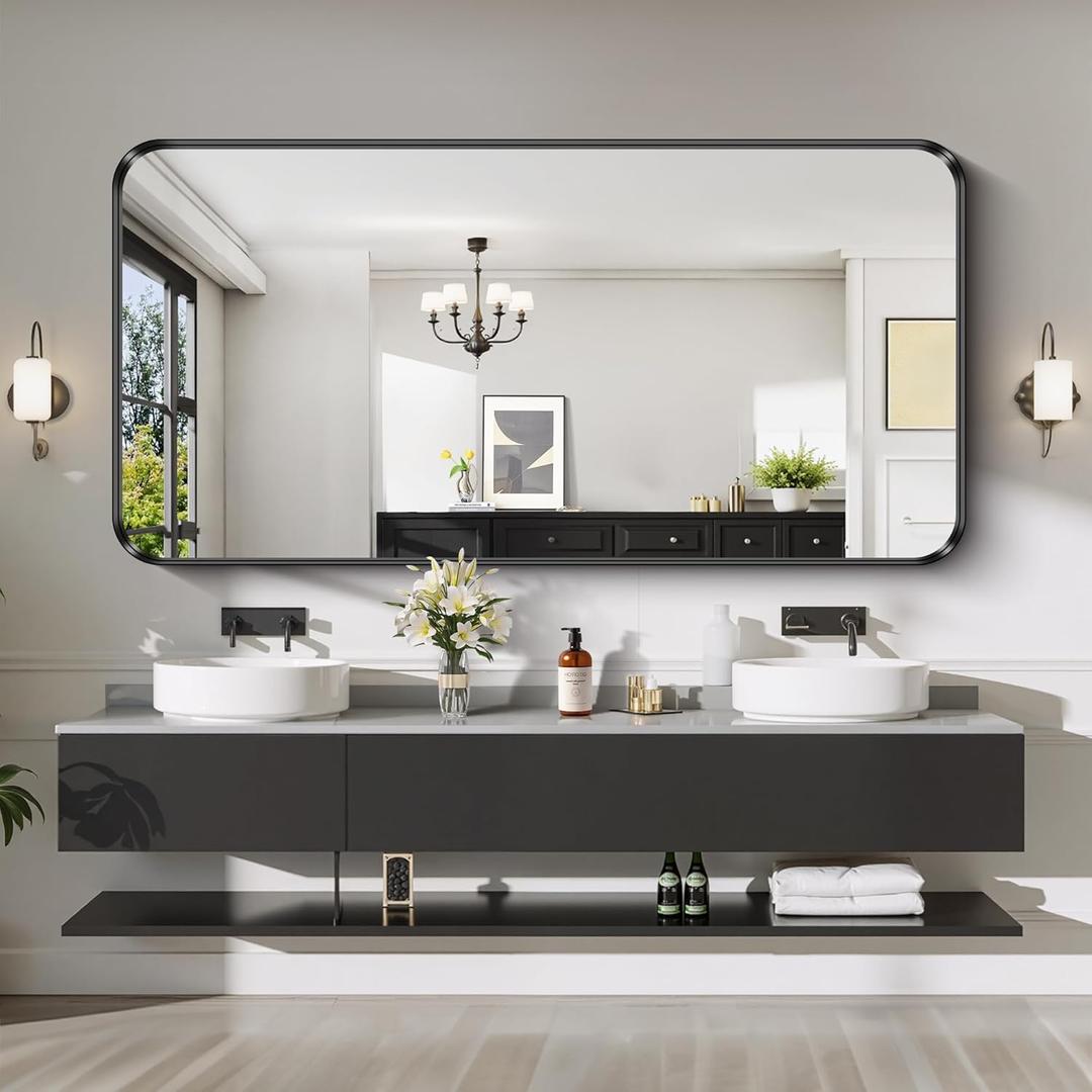 CIRCUMI Black Bathroom Mirror, 30"x55 Rectangular Mirror with Deep Metal Frame, Rounded Corner, Tempered Glass, Large Mirror for Wall, Over 2 Sinks, Installed Vertically/Horizontally, Crystal-Clear