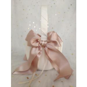 White Flower Girl Basket with Pink Double Ribbon Bow Dcor for Wedding Ceremony Vow Renewal Baby Shower Party Favor (Basket)