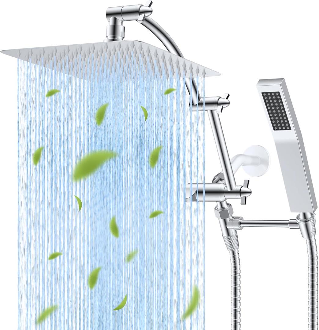 Hibbent All Metal 10'' Rainfall Shower Head, Dual Shower Head Combo, High Pressure Handheld Shower Wand, 16'' Adjustable Arc-shaped Shower Extension Arm, 71'' Hose, Showerhead Holder, Chrome