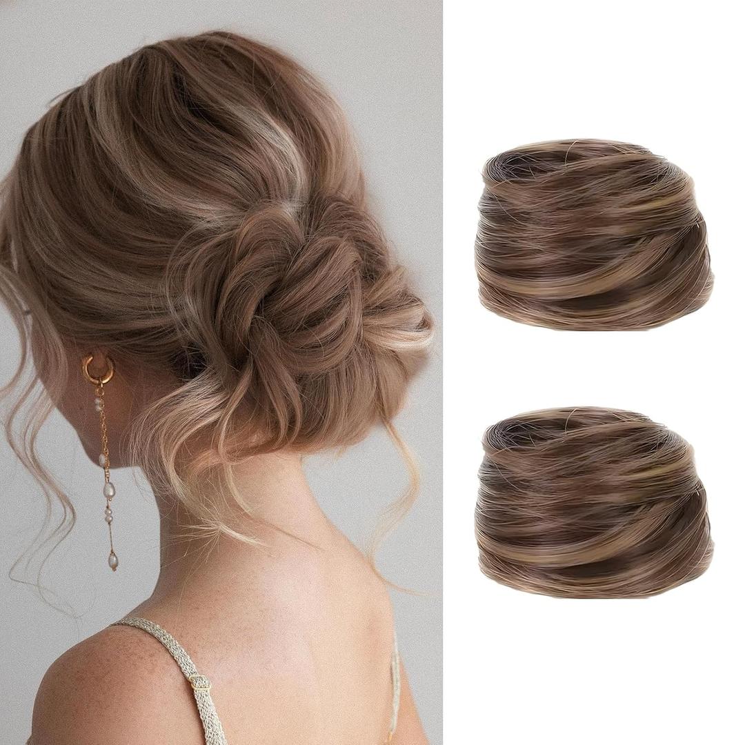2 Pcs Real Hair Bun Wig,Messy Fake Hair Buns Hair Piece,Suitable for Ladies and Girls,Fashionable and Natural(Golden)
