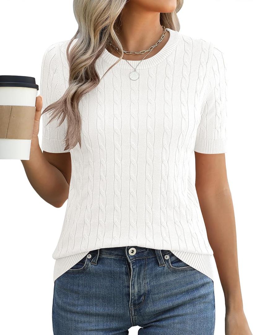 Micoson Womens Short Sleeve Cable Knit Sweater Tops Crewneck Lightweight Spring Summer Shirts Business Dressy Casual Outfits (White, S)
