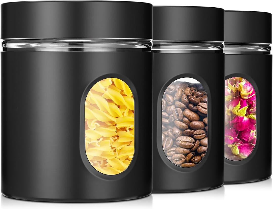 Mimorou 3 Pcs Stainless Steel Canister Set with Glass Windows Visible Storage Jars Silver Kitchen Canister Set for Pasta Flour Oat Sugar Container, Kitchen Tools, Housewarming Gifts (Black,20 oz)