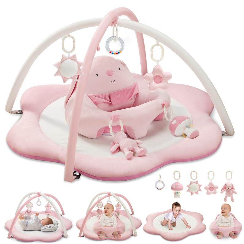 3-in-1 Baby Play Mat, Baby Seats for Infants for Sitting Up, Tummy Time Mat with 5 Detachable Toys, Activity Gym & Playmats for Babies 0-6 6-12 Months, Newborn Babies Shower Gifts (Pink)